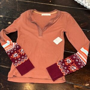 Free People Pink Fitted Polo Top with 3/4 Sleeves